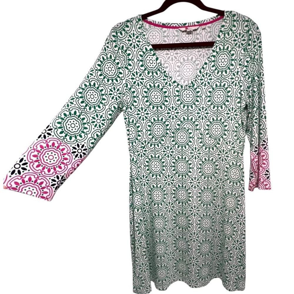 Boden Green & White Medallion Print V Neck Jersey Knit Tunic Mini Dress Womens 8 - Picture 4 of 10